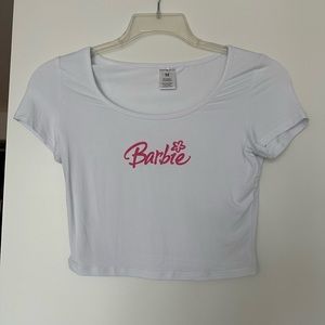 Handmade white fitted crop top with Barbie logo, size medium